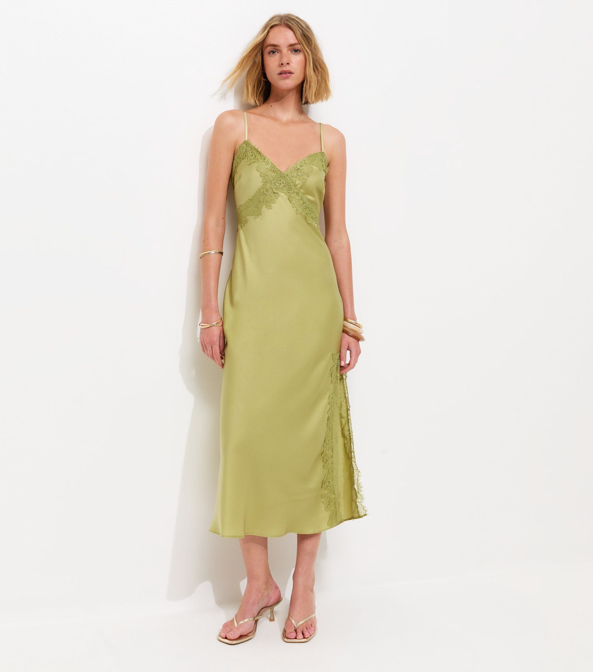 Light Green Lace Trim Slip Strappy Midi Dress