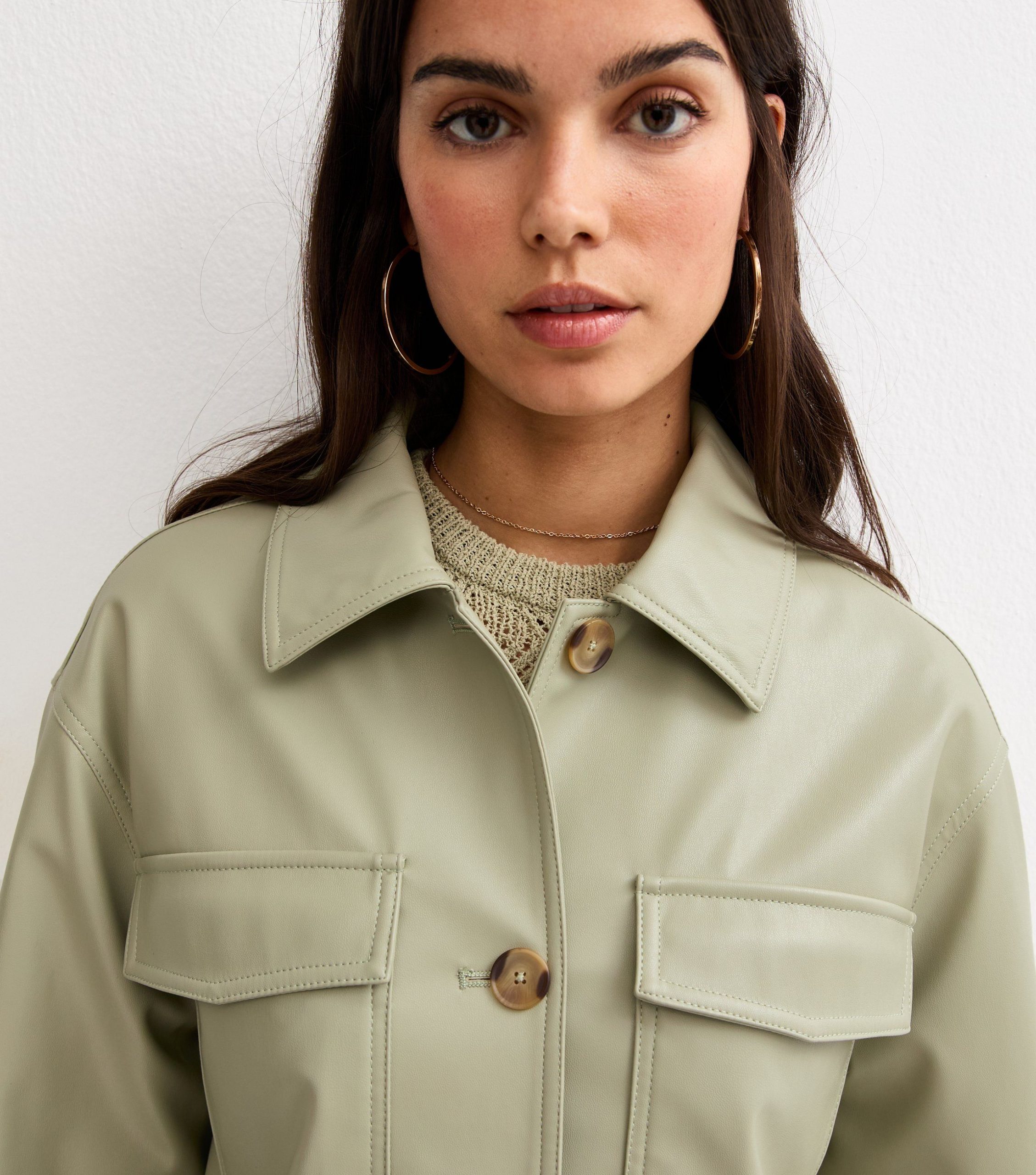Light Khaki Faux Leather Flap Pocket Shacket - Image 2