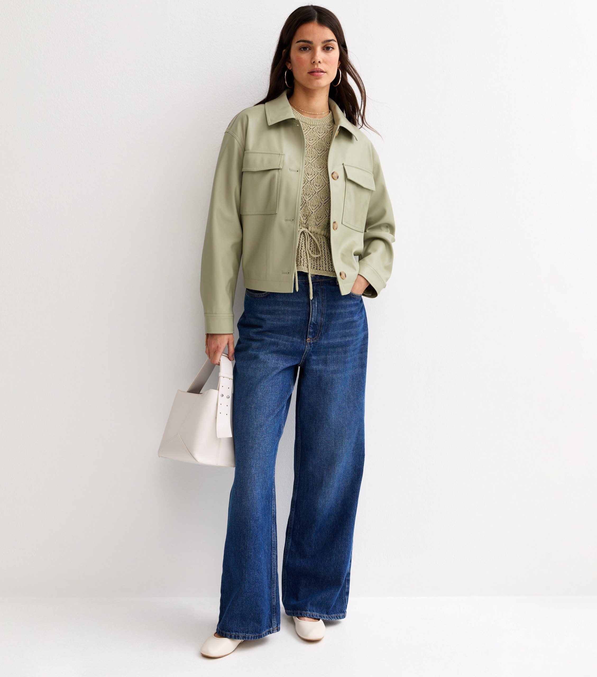 Light Khaki Faux Leather Flap Pocket Shacket - Image 3
