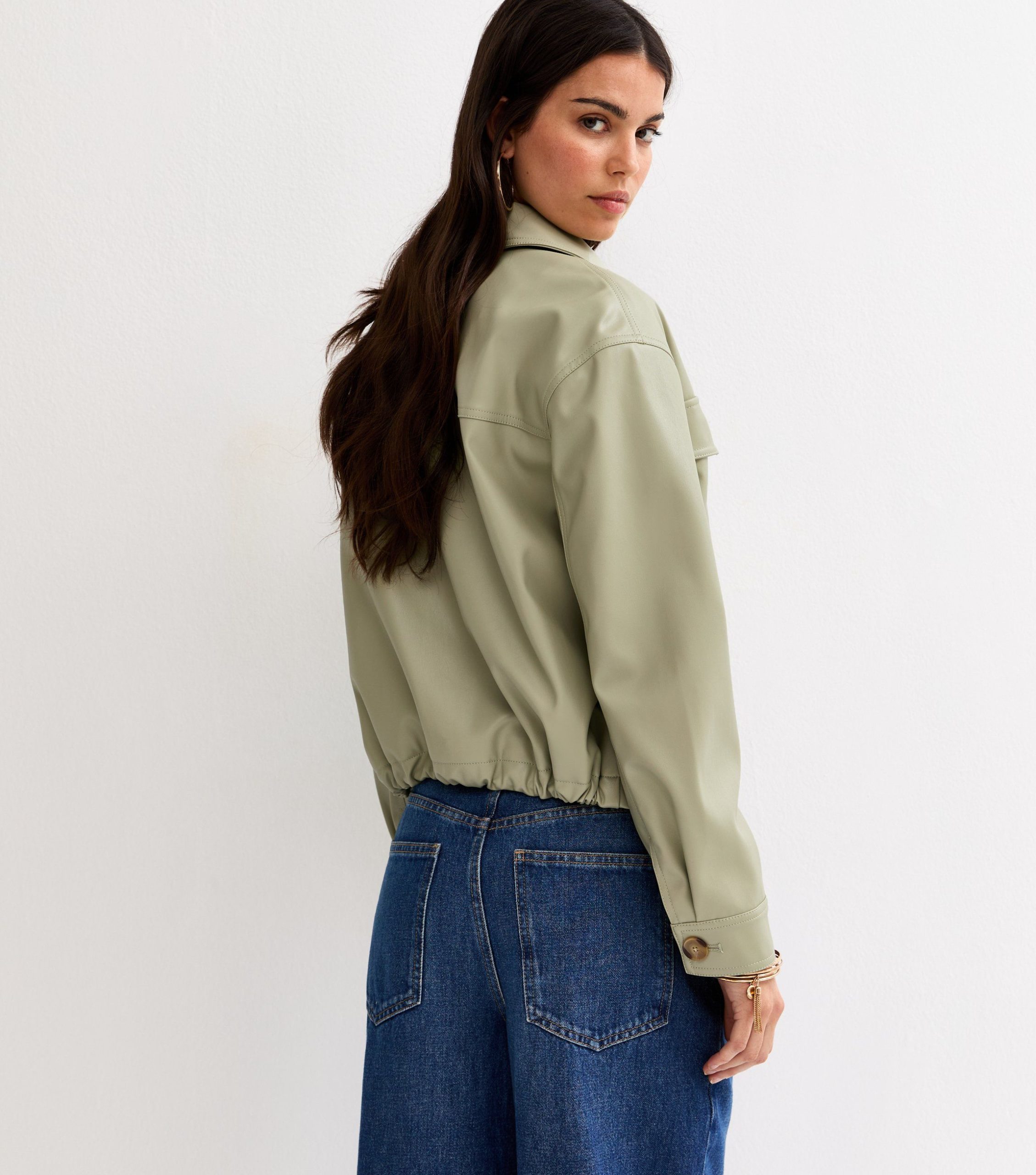 Light Khaki Faux Leather Flap Pocket Shacket - Image 4