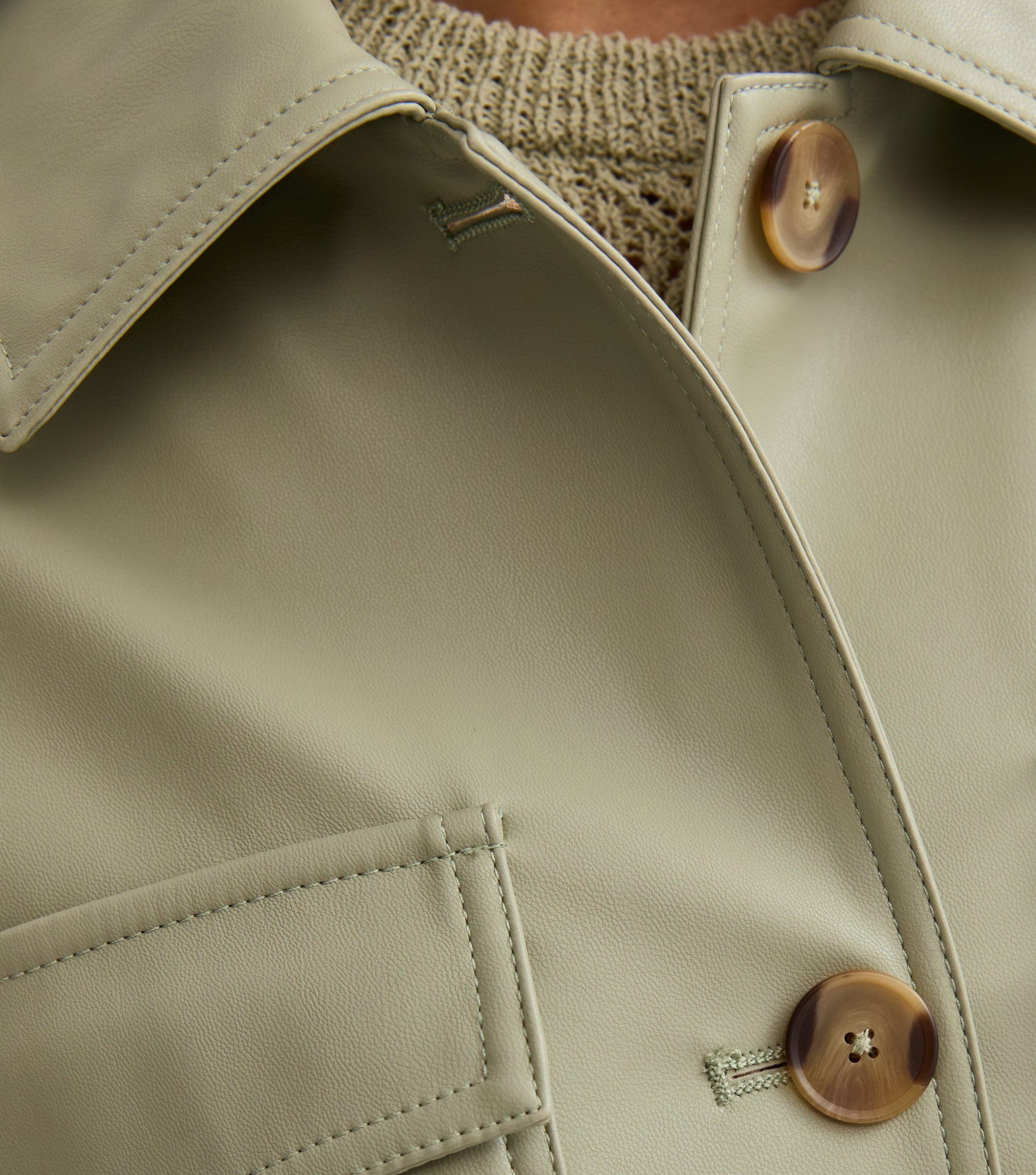 Light Khaki Faux Leather Flap Pocket Shacket - Image 5