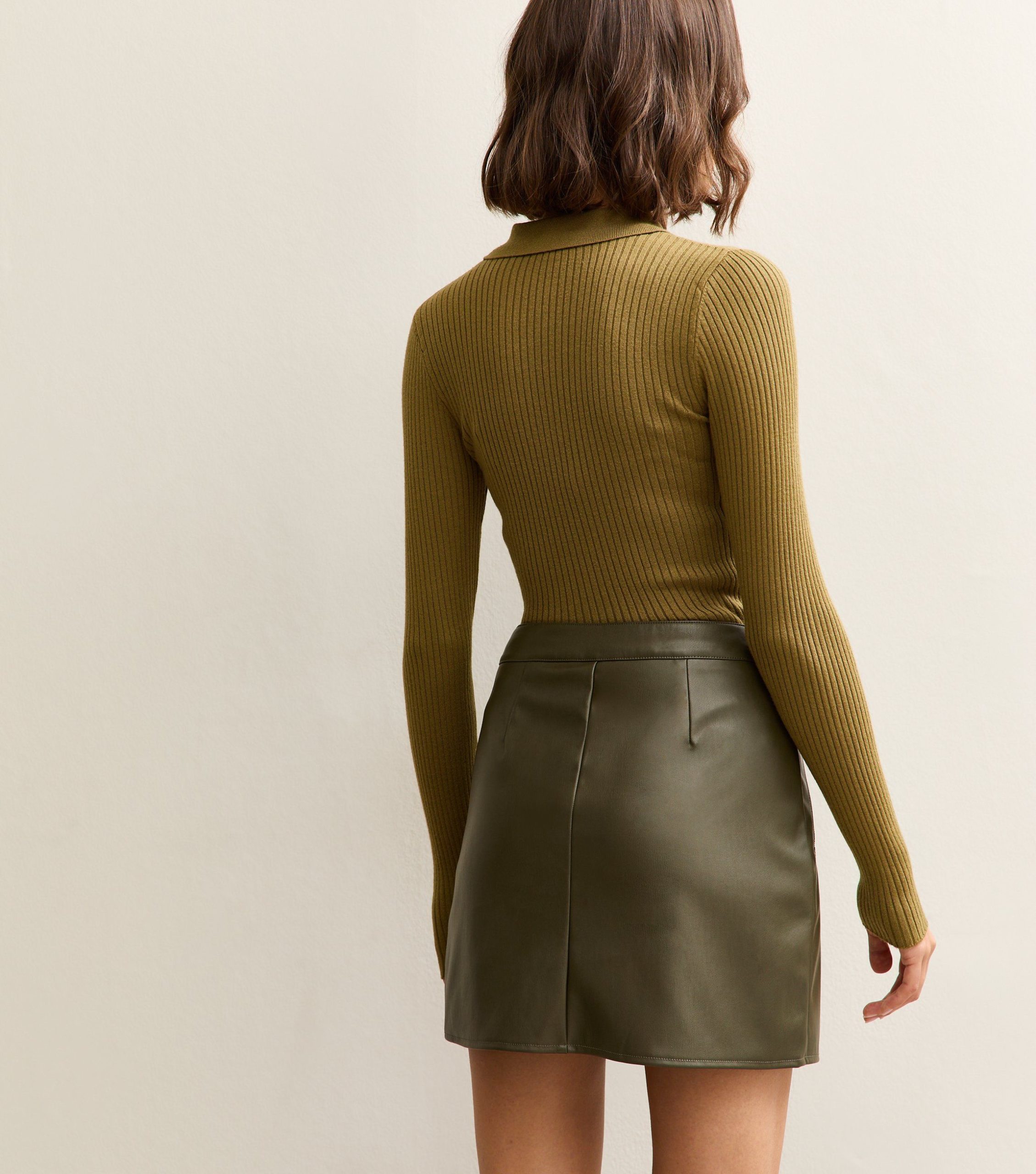 Light Khaki Faux Leather Zip Detail Mini Skirt - Image 4