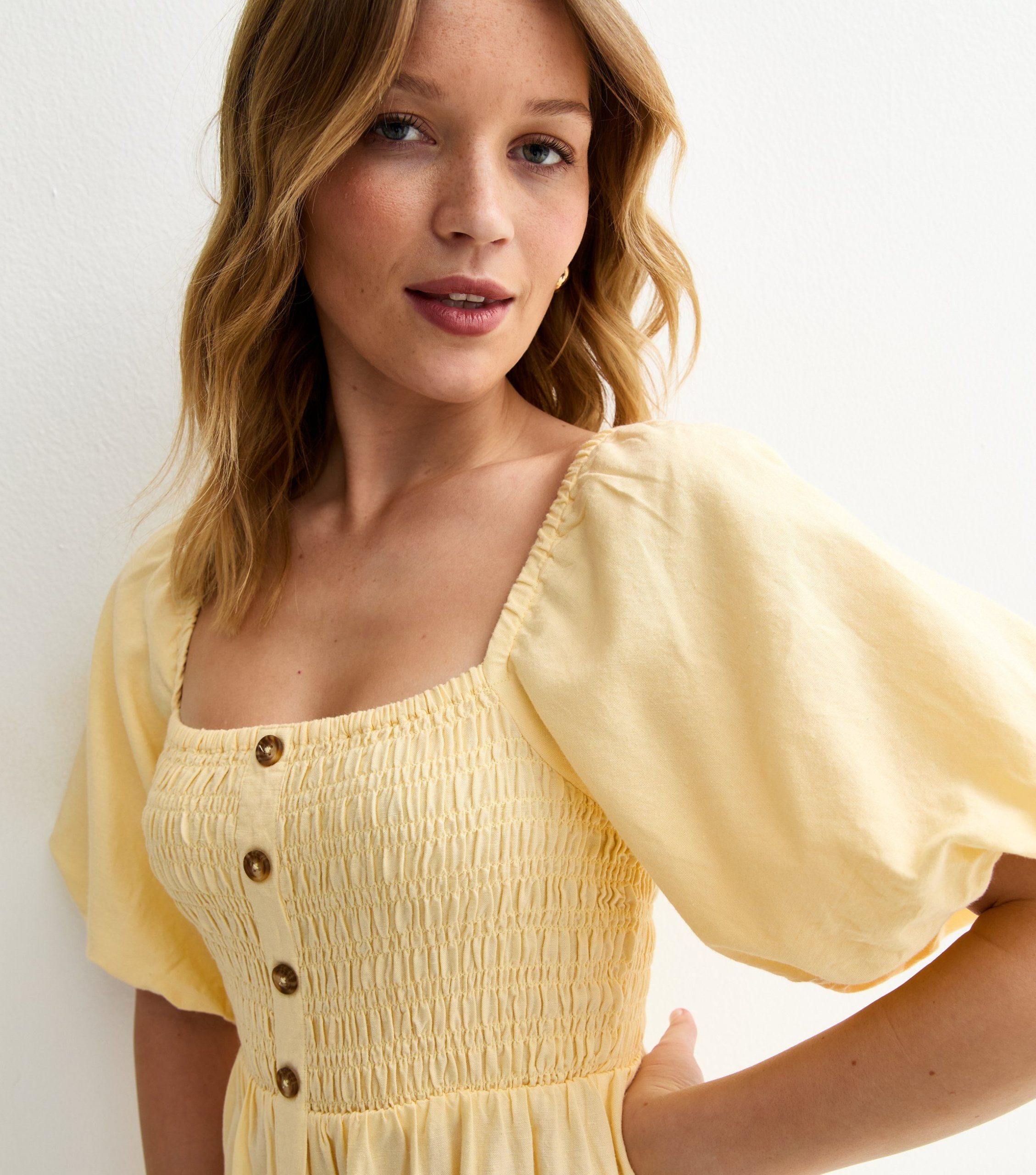 Light Yellow Faux Button Milkmaid Midi Dress - Image 2