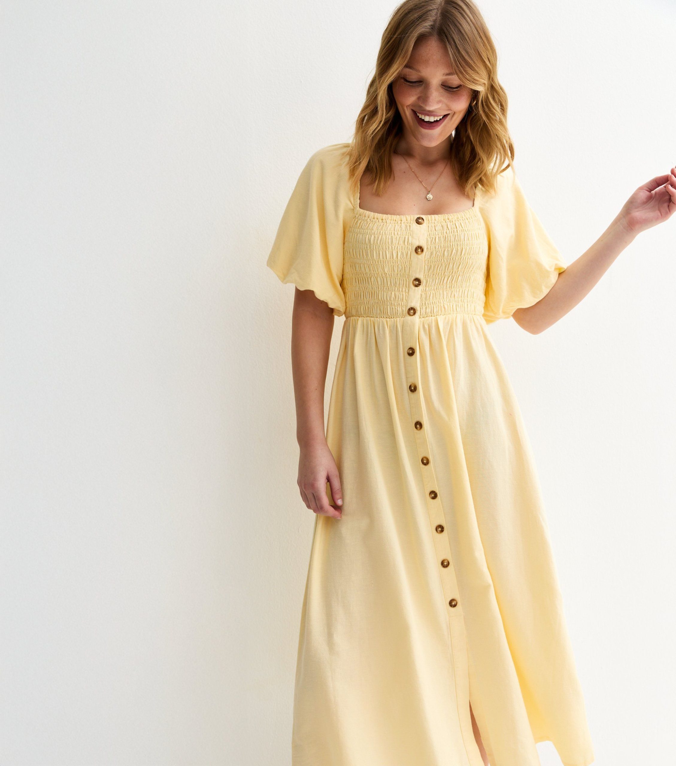 Light Yellow Faux Button Milkmaid Midi Dress - Image 3