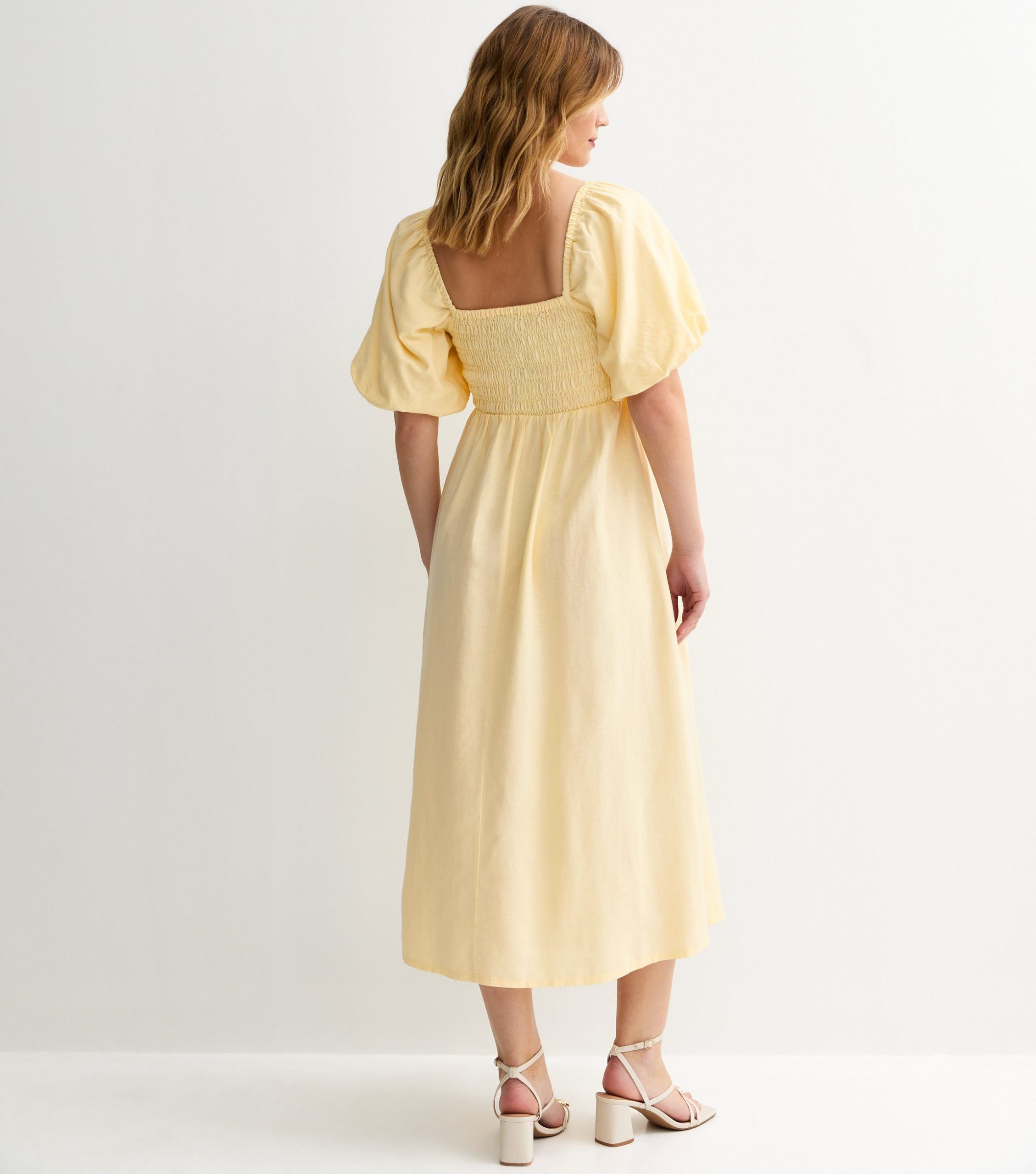 Light Yellow Faux Button Milkmaid Midi Dress - Image 4