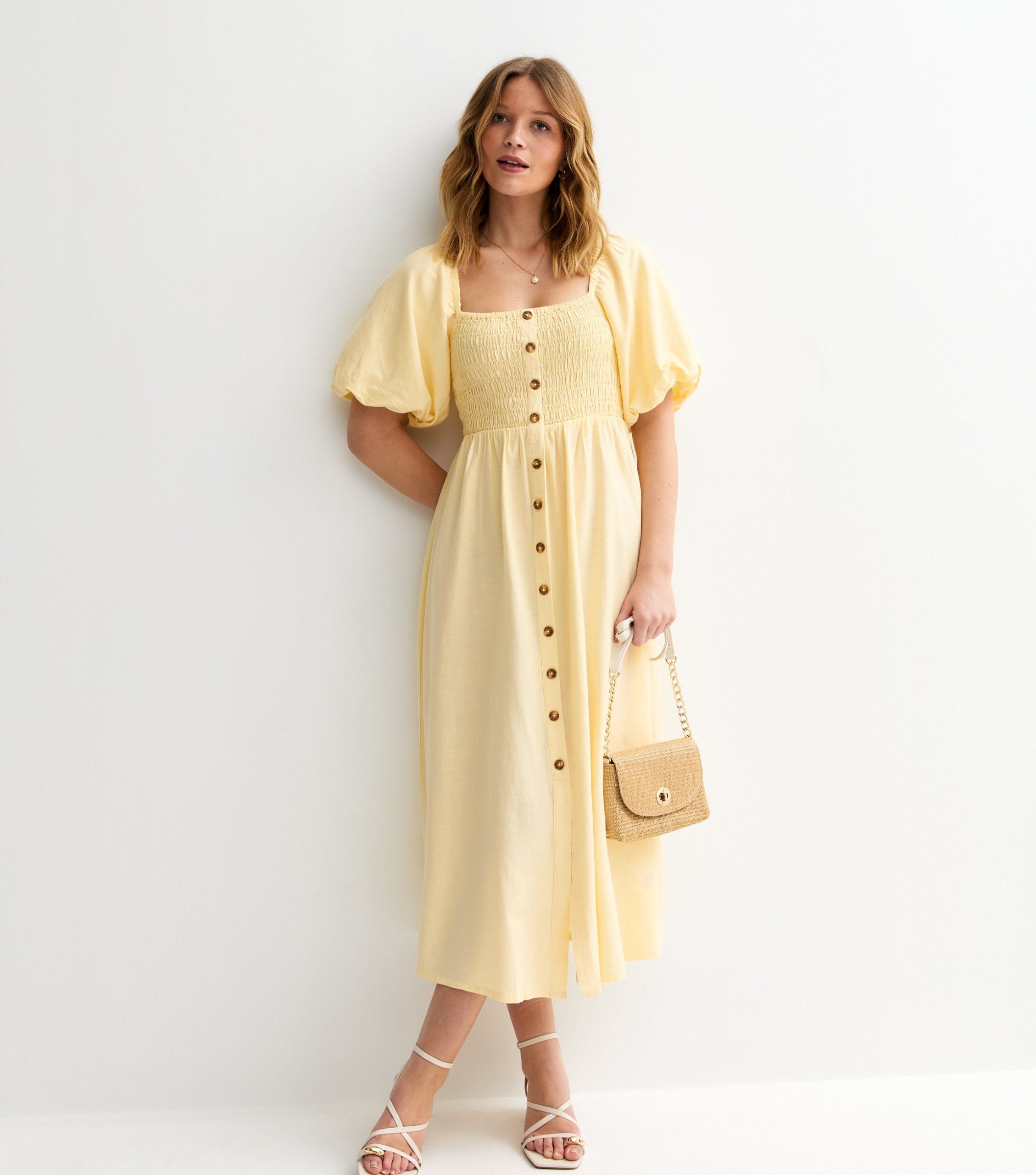 Light Yellow Faux Button Milkmaid Midi Dress