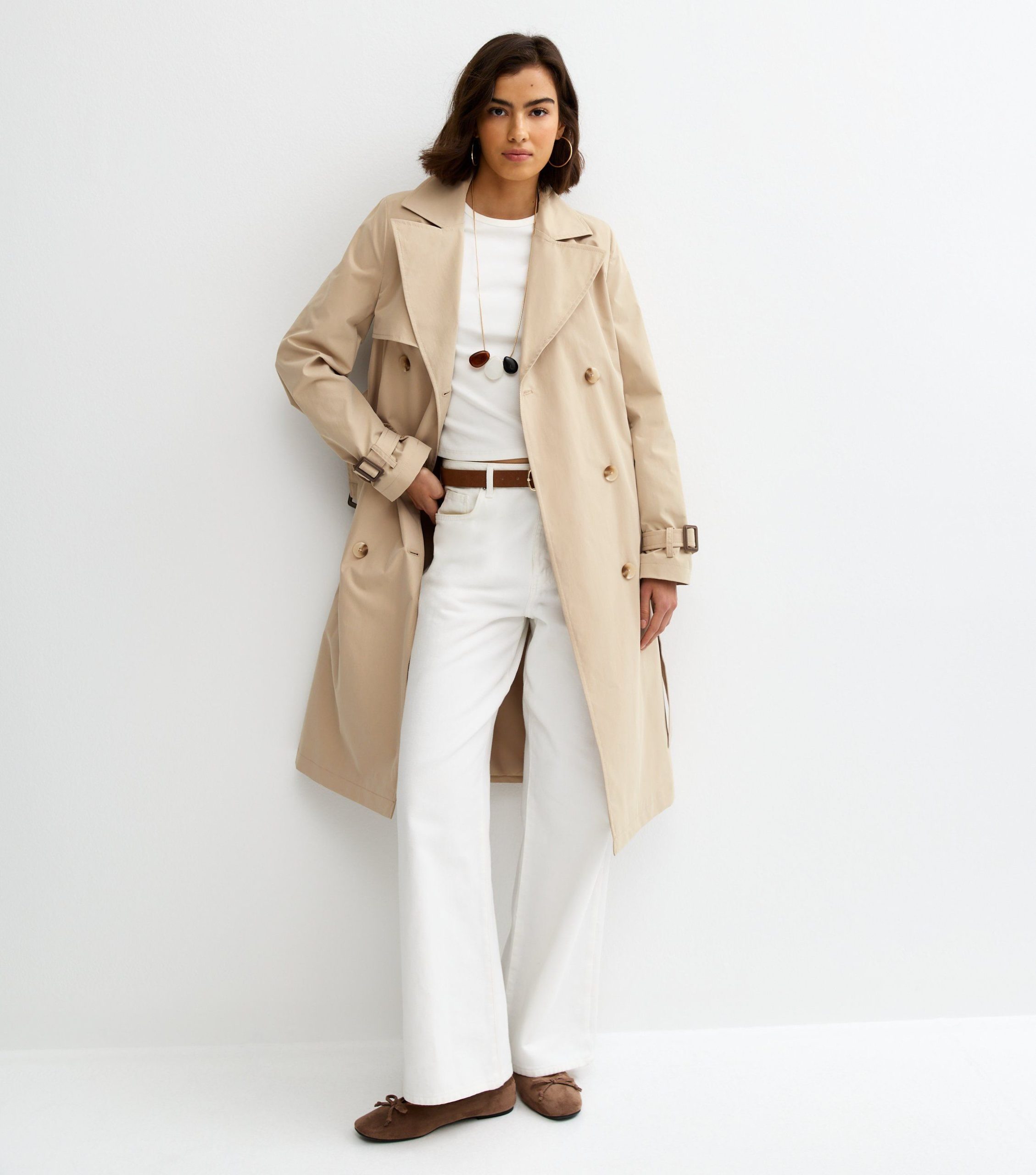 Stone Double Breasted Belted Trench Coat