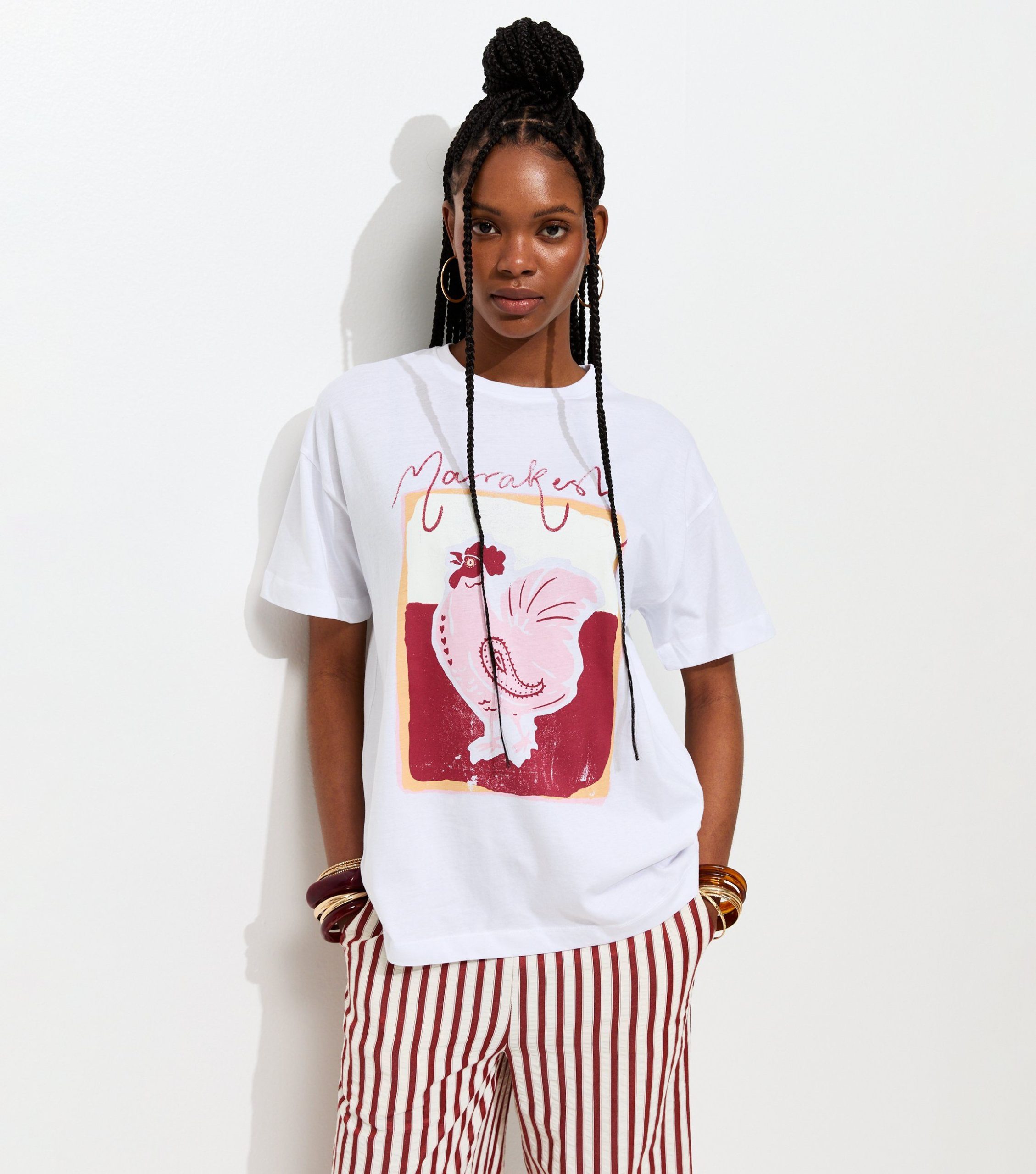 White Rooster Print Oversized T-Shirt