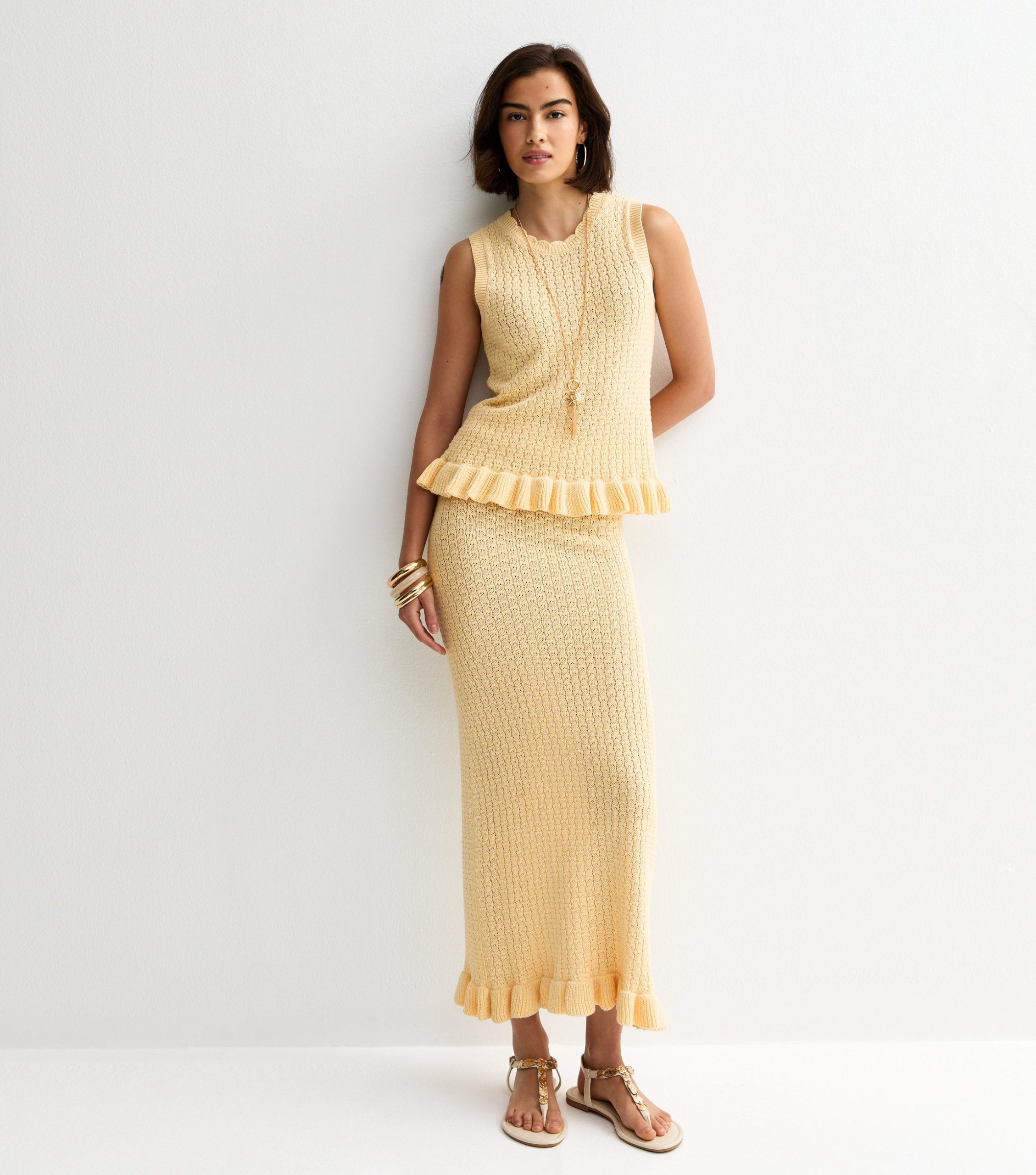 Yellow Cotton Rich Stitchy Knit Frill Hem Midi Skirt - Image 3