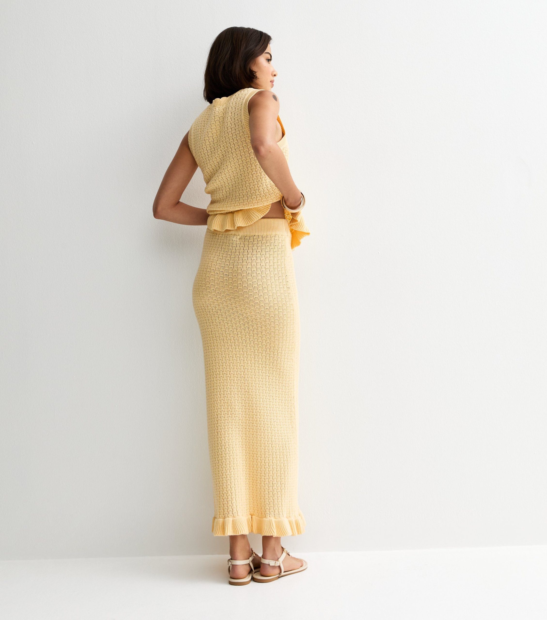 Yellow Cotton Rich Stitchy Knit Frill Hem Midi Skirt - Image 4