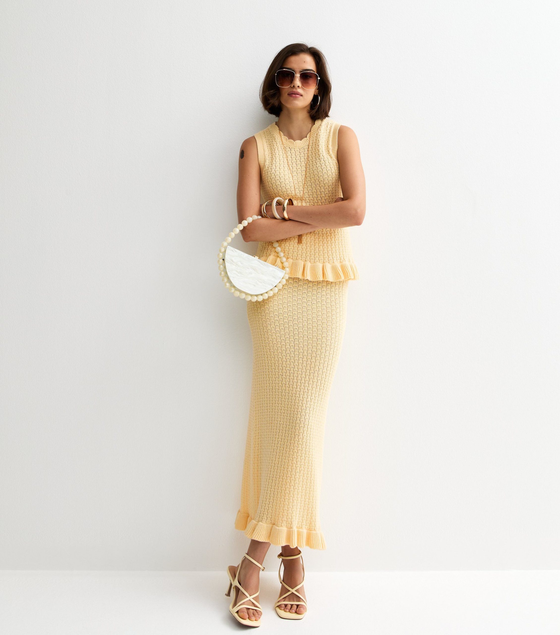 Yellow Cotton Rich Stitchy Knit Frill Hem Midi Skirt
