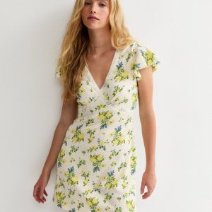Yellow Floral Print Lace Trim Mini Dress