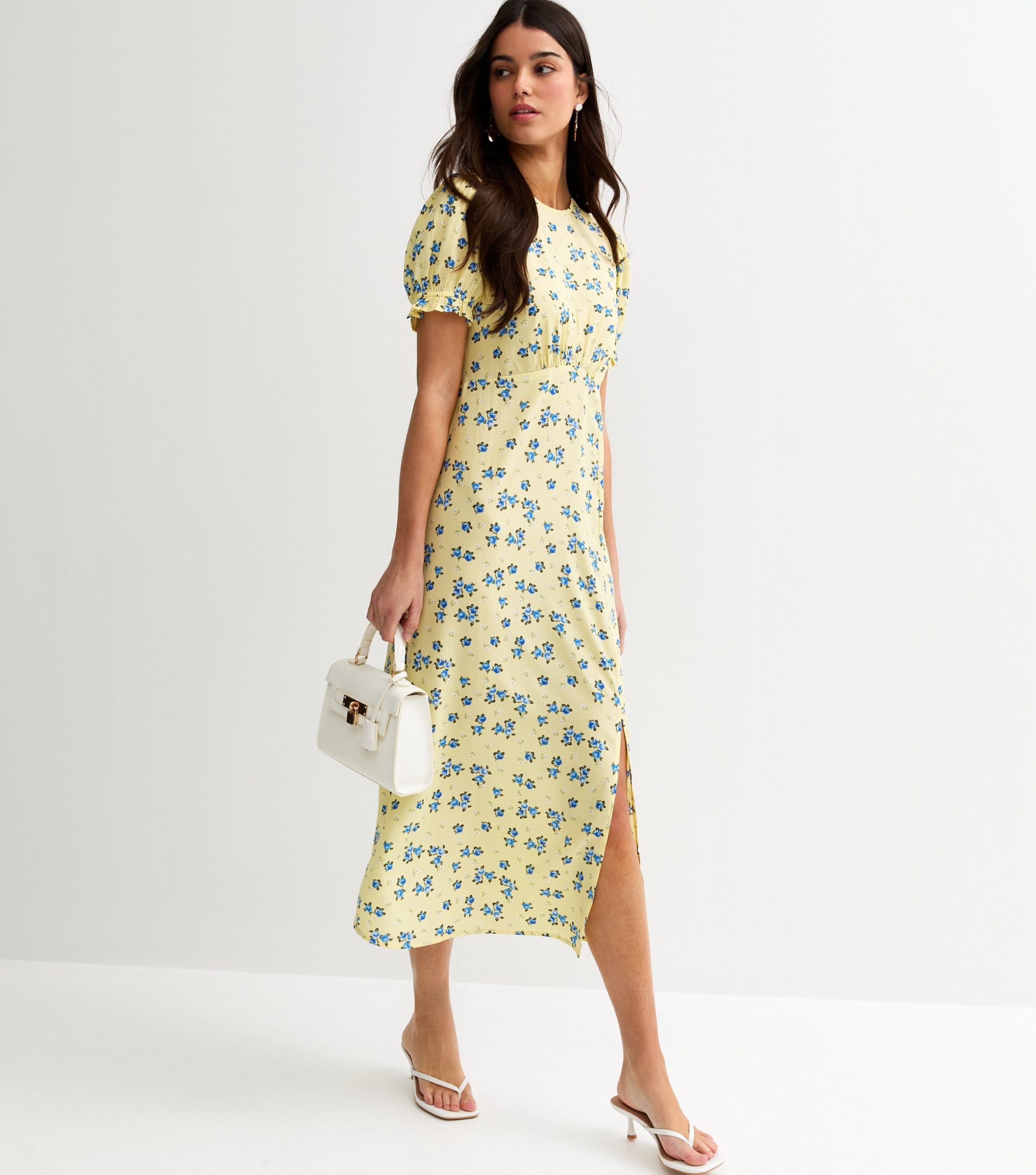 Yellow Floral Short Sleeve Midi Dress - Image 3