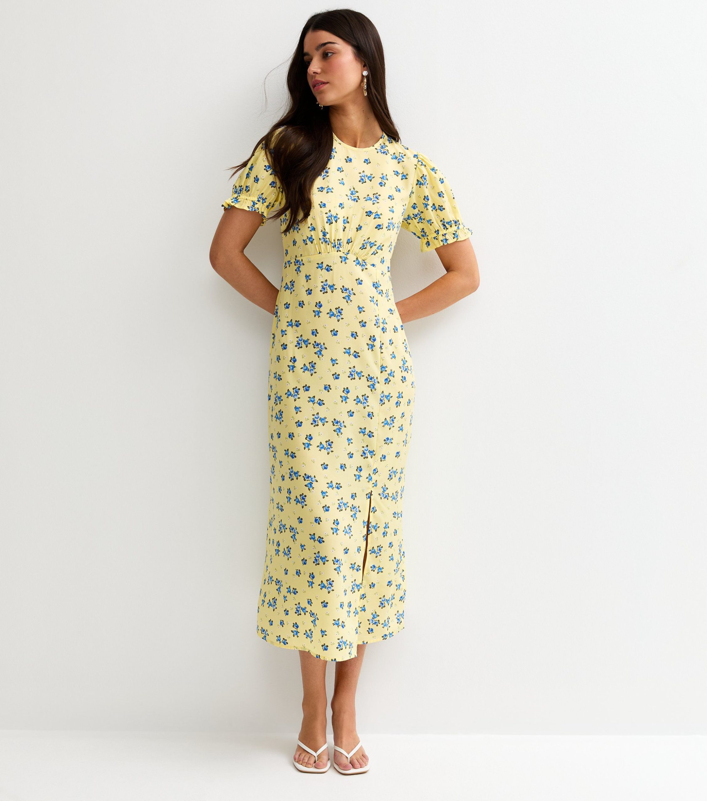 Yellow Floral Short Sleeve Midi Dress